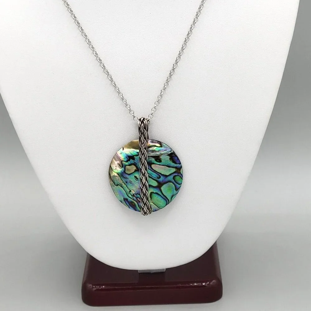 Womens Round Mother Of Pearl Pendant Silver Tone Round Link Chain Necklace 22 in - Picture 2 of 8